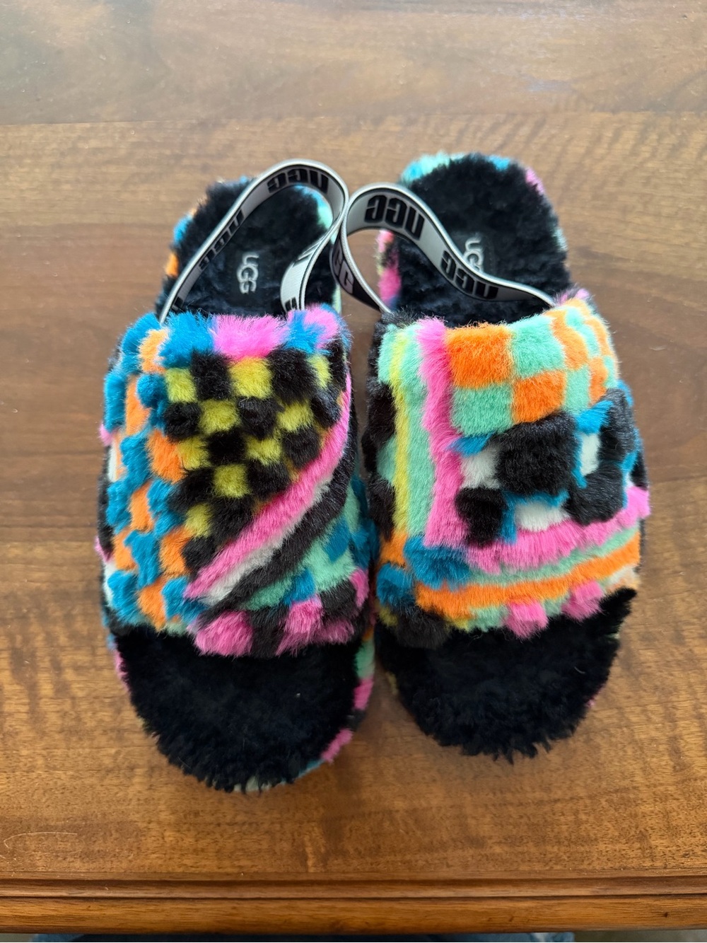 UGG Kids Multicolor Checkered Fuzzy Slide Sandals